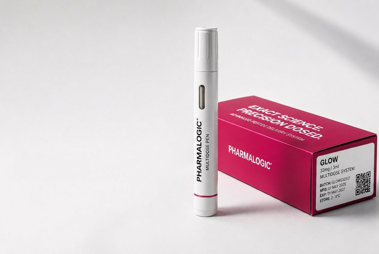Pharmalogic multidose peptide delivery pen photographed in a clean studio setting alongside its product box.